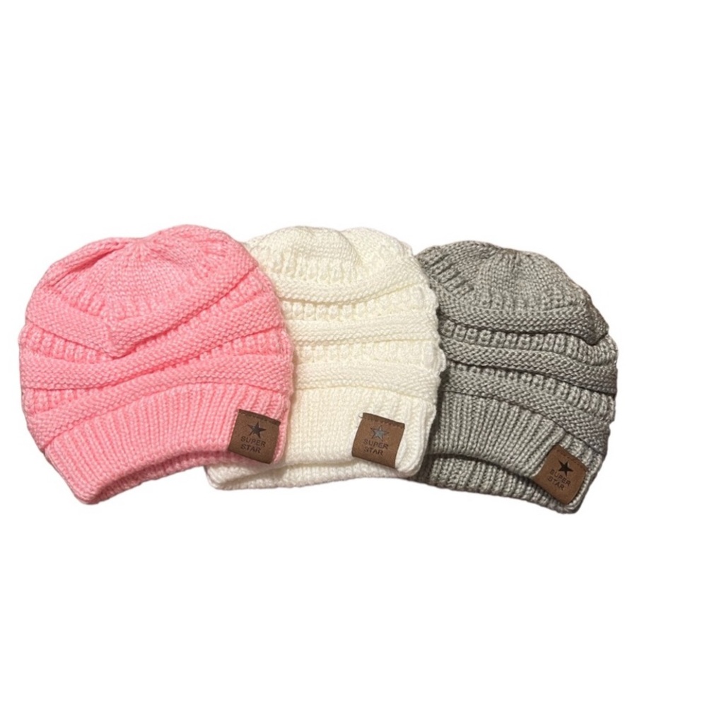Cozy Kids Beanie Set - Pink, Cream, and Gray